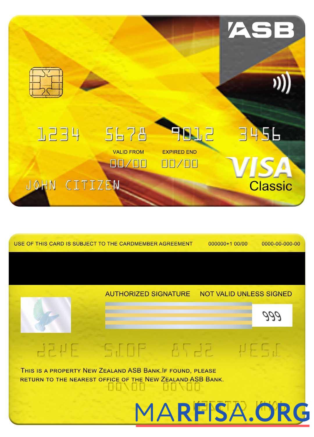 Printable New Zealand ASB Bank visa classic card example